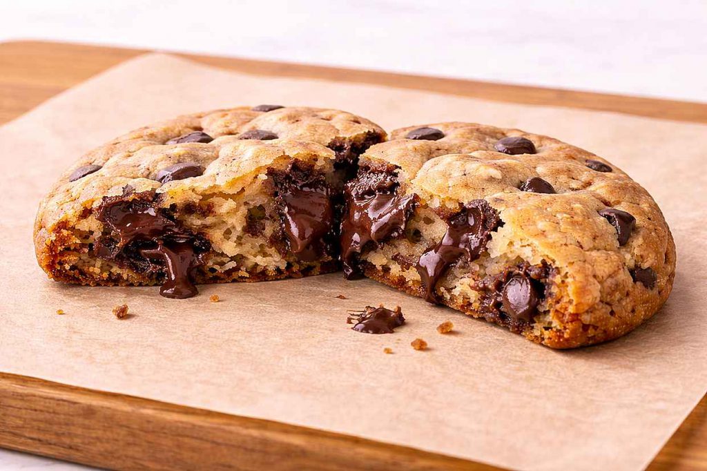 Large chewy chocolate chip cookie broken in half on parchment paper showing a soft underdone gooey chocolate center with melted chocolate chips