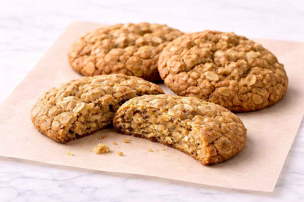 Three chewy oatmeal cookies on parchment paper with visible rolled oat texture and slightly crispy edges with a soft center broken open