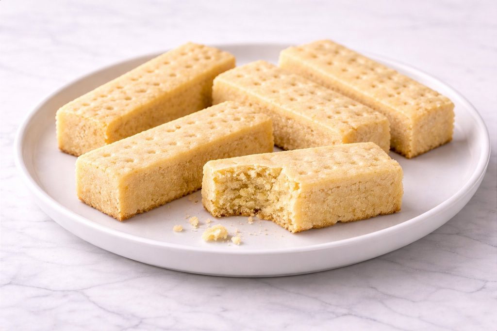 Six golden shortbread fingers on a white ceramic plate showing the pale sandy crumb texture when one is broken in half