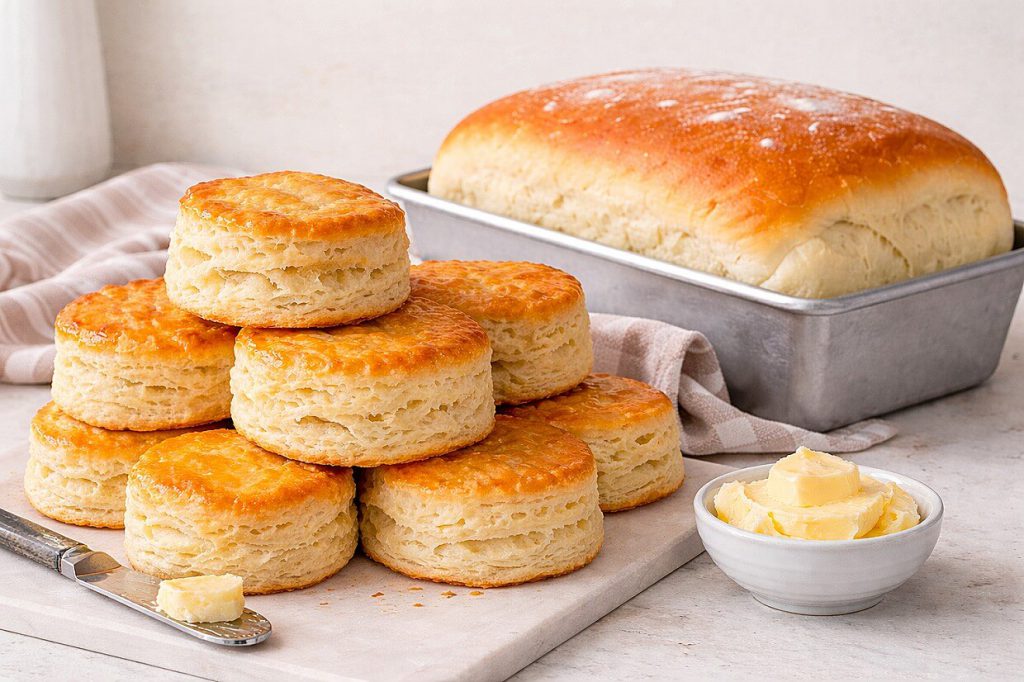 Golden homemade biscuits split open with butter beside a freshly sliced bread loaf on a warm wooden surface