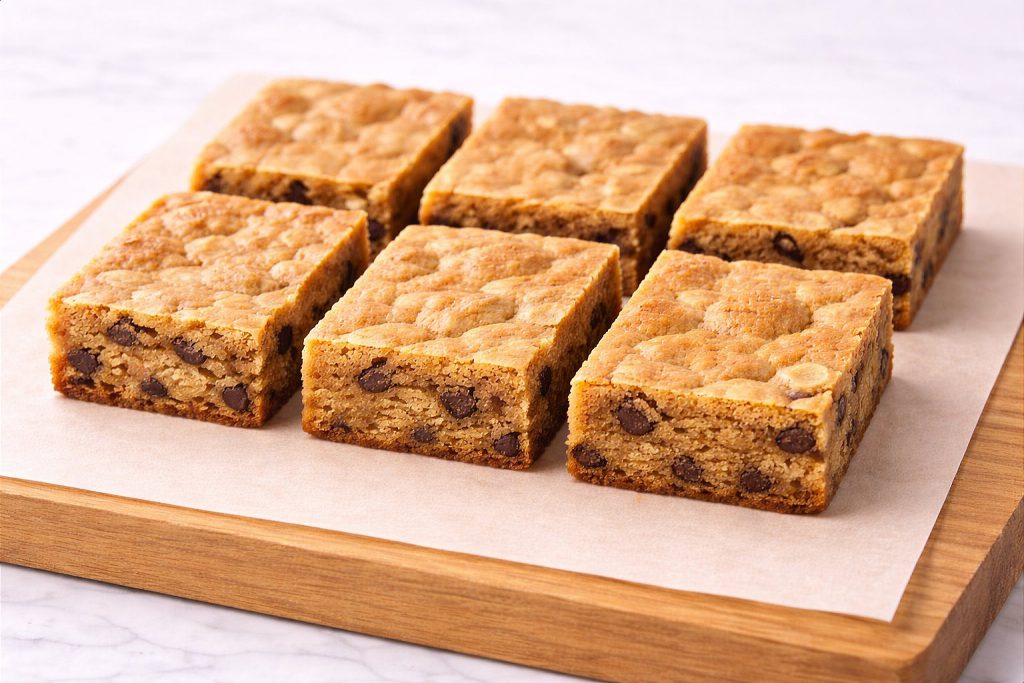 Six golden cookie bars cut into neat rectangles and arranged on parchment paper showing clean cut edges and dense crumb