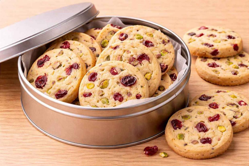 Golden cranberry pistachio shortbread cookies with visible red cranberries and green pistachios arranged in a round gift tin on a wooden surface