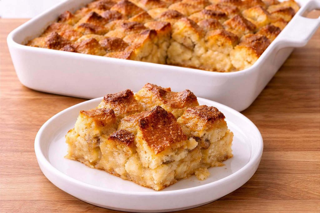 Slice of creamy vanilla French toast bake in a white ceramic baking dish showing golden top and custardy soaked bread interior