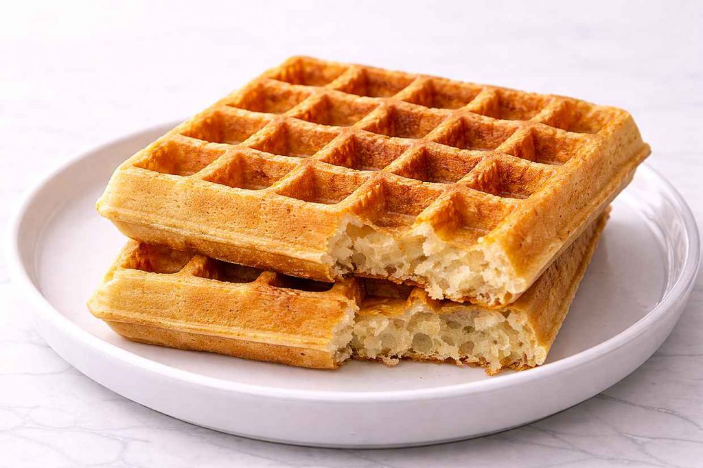 Two golden crispy homemade waffles stacked on a white ceramic plate showing the deep grid pattern and crispy exterior with soft visible interior