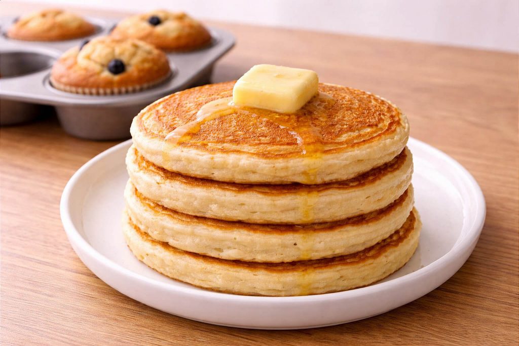 Stack of fluffy golden pancakes with butter melting on top beside a tray of golden blueberry muffins on a warm wooden surface
