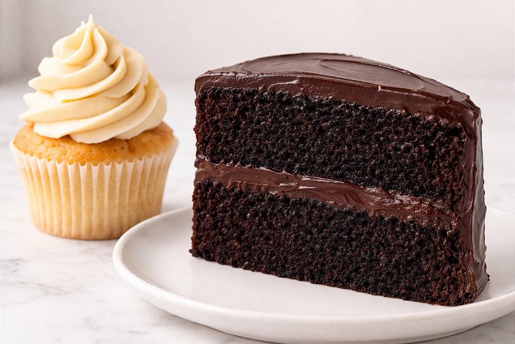 Slice of layered chocolate cake with glossy frosting on a white ceramic plate beside a vanilla cupcake with swirled buttercream on a marble surface