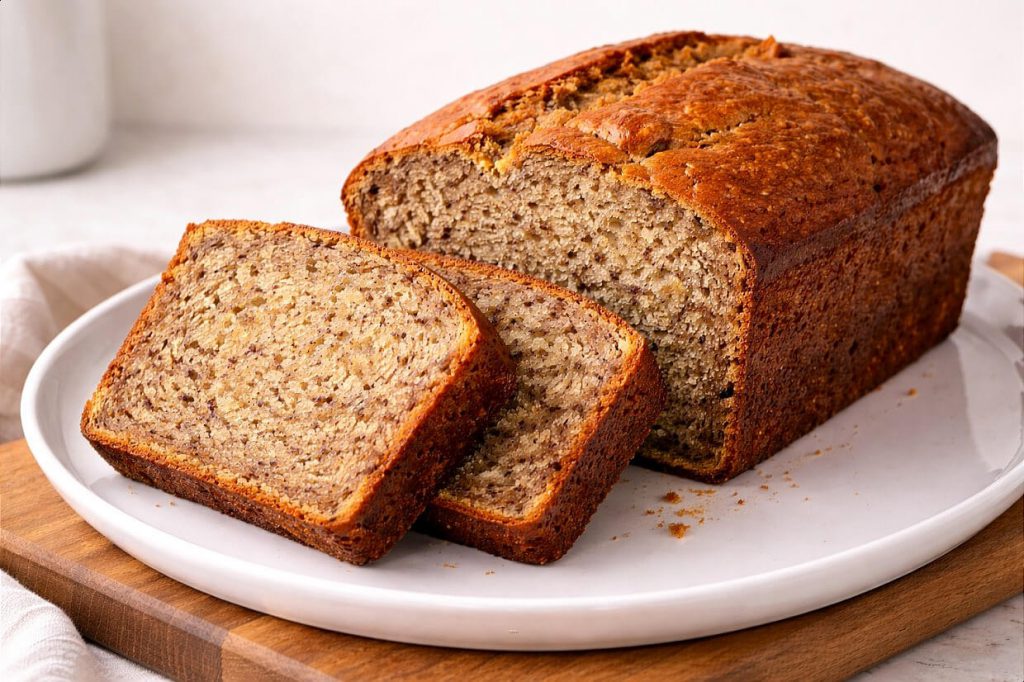 Moist homemade banana bread loaf with two slices cut forward on a white ceramic plate showing the soft crumb