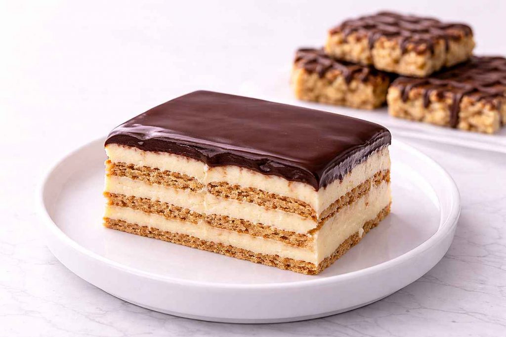 Slice of no-bake chocolate eclair cake beside a stack of chocolate oat bars on parchment paper on a white ceramic surface