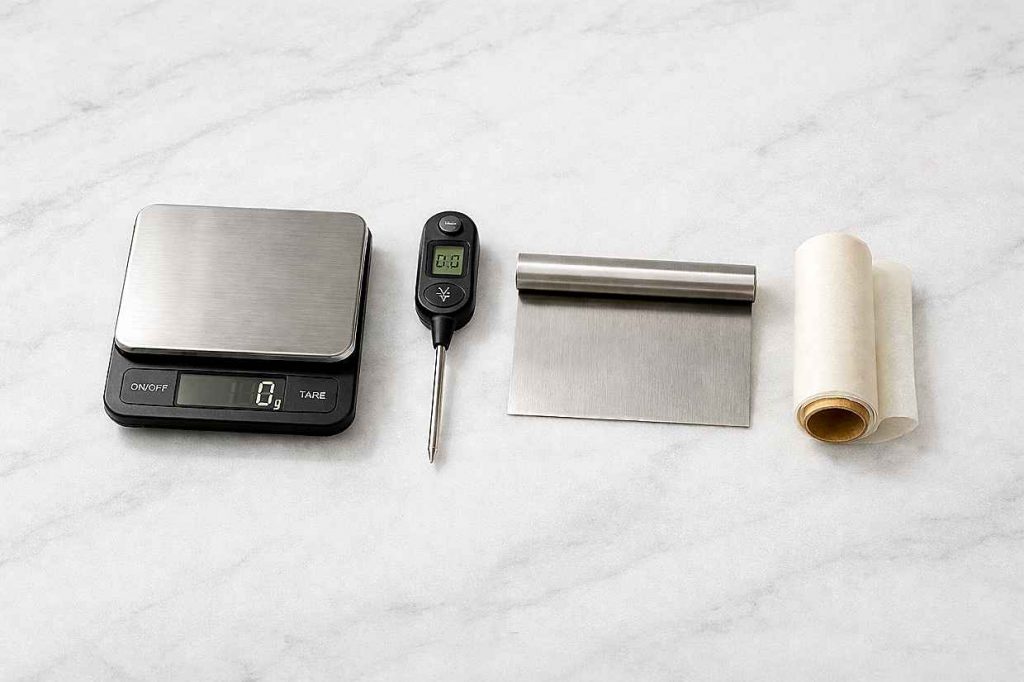 Digital kitchen scale instant-read thermometer bench scraper and roll of parchment paper arranged on a clean white marble surface showing the four essential baking tools