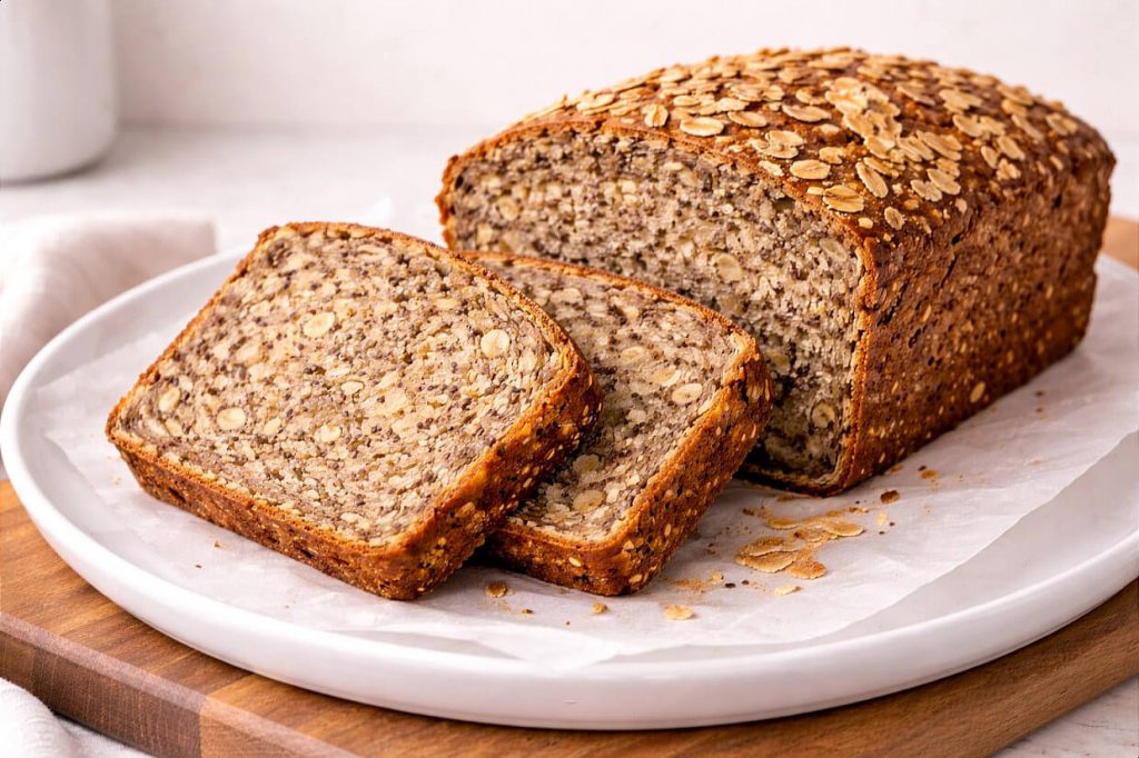 Sliced flourless oat and chia seed bread loaf on a white surface showing a dense wholesome crumb with visible seeds