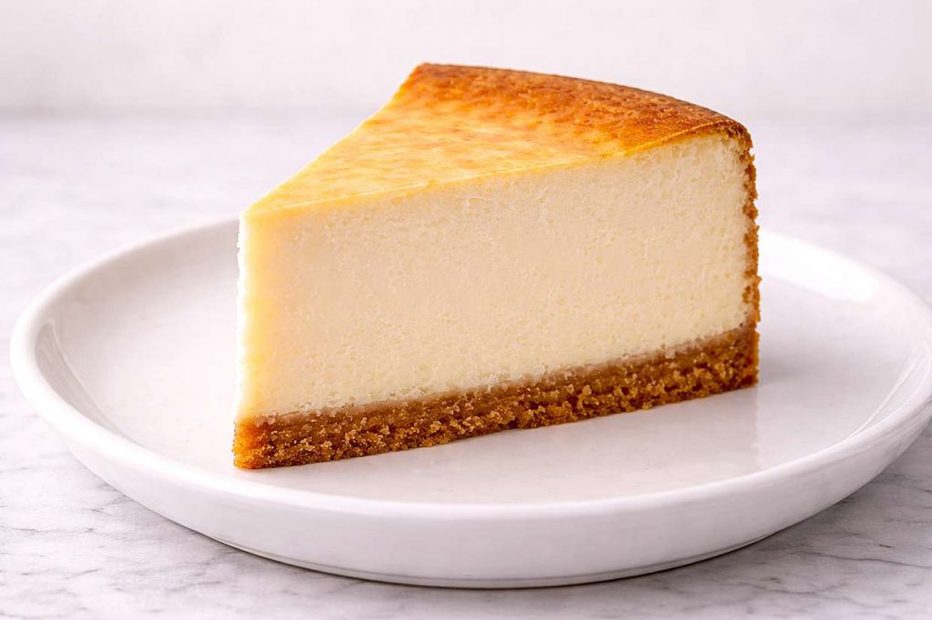Slice of fluffy baked cheesecake on a white plate showing a pale creamy center and golden biscuit base with a clean cut edge
