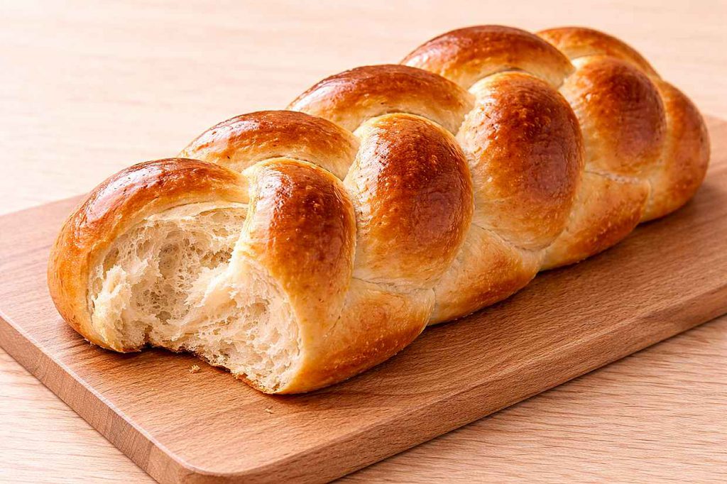 Golden braided homemade Easter bread loaf on a warm wooden board with one end pulled apart showing the soft pale enriched crumb interior