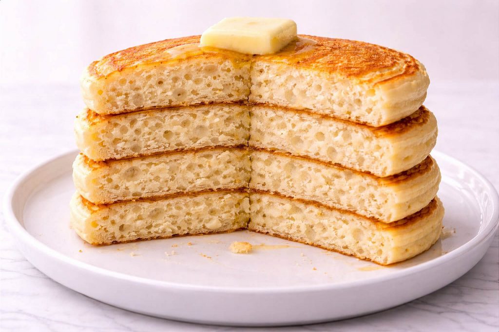 Stack of four fluffy homemade pancakes cut through the center on a white ceramic plate showing the airy open crumb layers inside