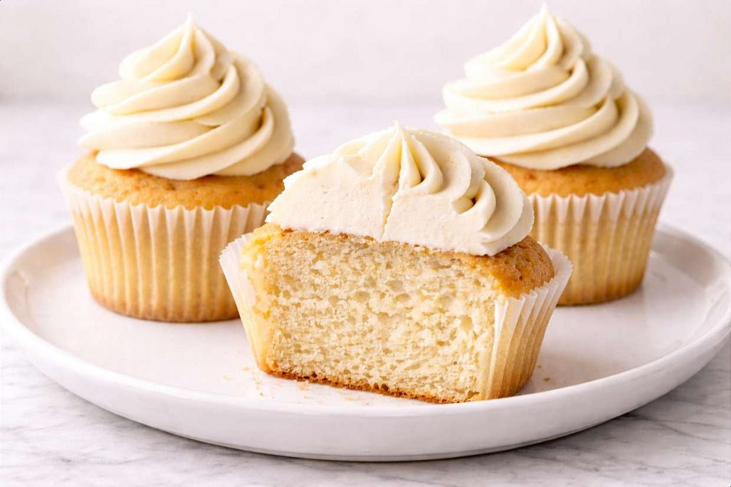 Three fluffy vanilla cupcakes with tall swirled pale buttercream frosting on a white ceramic plate showing soft golden sponge
