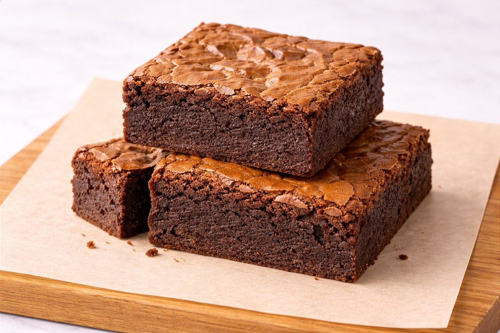 Stack of three fudgy chocolate brownies on parchment paper with shiny crackled top and dense moist dark chocolate center visible on the cut edge