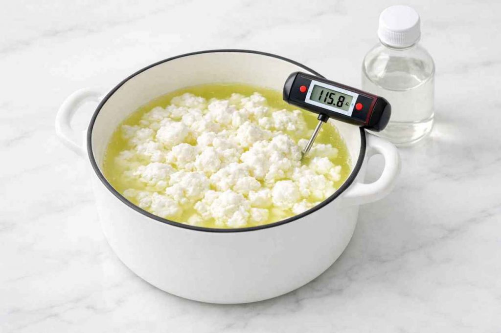 White ceramic pot of warm milk with white cheese curds visibly separated from pale yellow whey on a white marble surface showing acid-set curd formation