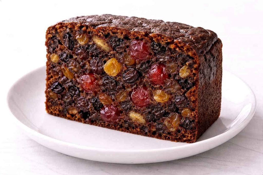 Thick slice of dark homemade Christmas fruitcake on a white ceramic plate showing a dense dark crumb packed with glistening sultanas raisins and dried cherries