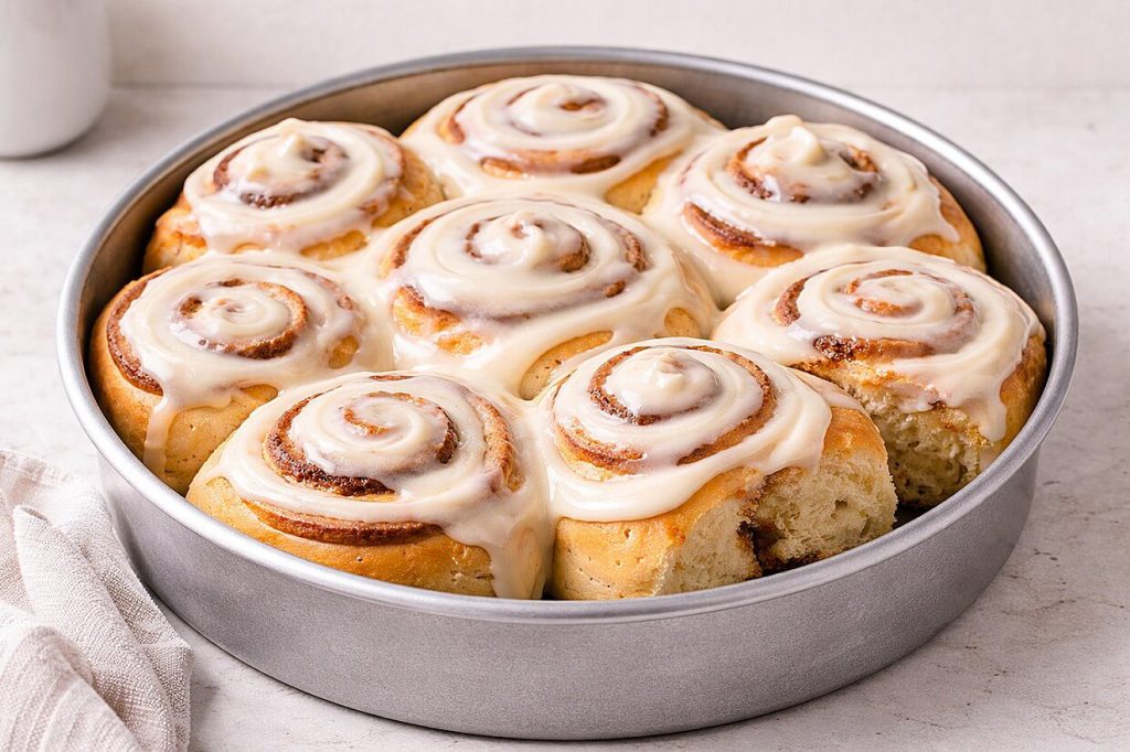 Freshly baked homemade cinnamon rolls with cream cheese frosting melting into the swirls in a round baking pan
