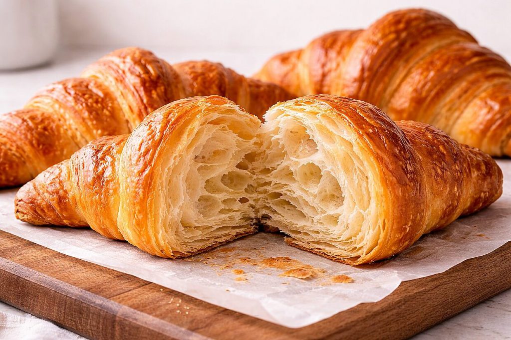 Freshly baked homemade croissants on parchment paper showing golden honeycomb layers when pulled apart