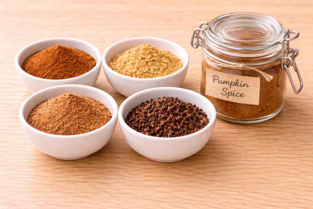 Four small white ceramic bowls containing ground cinnamon ginger nutmeg and cloves on a wooden surface beside a small sealed glass jar of homemade pumpkin spice blend