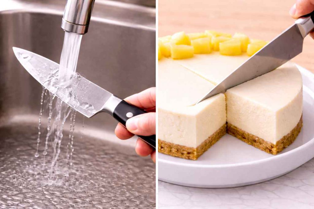 Sharp knife being run under hot water over a sink before slicing a no-bake cheesecake on a white ceramic plate