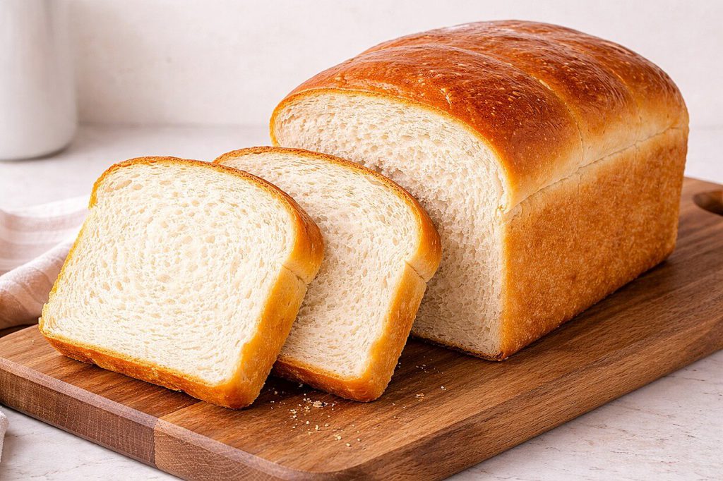 Soft pillowy Japanese milk bread loaf sliced to show the cloud-like white crumb on a wooden board