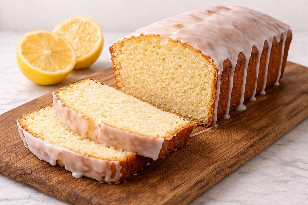 Sliced lemon yogurt loaf cake with white glaze dripping down the sides on a wooden board with fresh lemon halves beside it