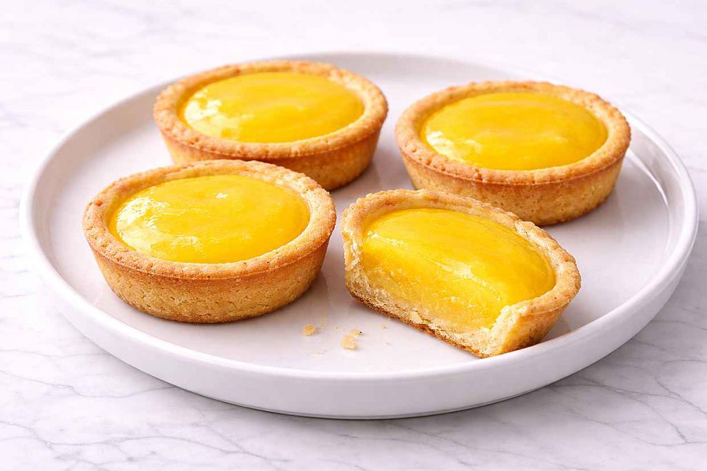 Four mini lemon tartlets with golden shortcrust pastry shells filled with bright yellow lemon curd on a white ceramic plate
