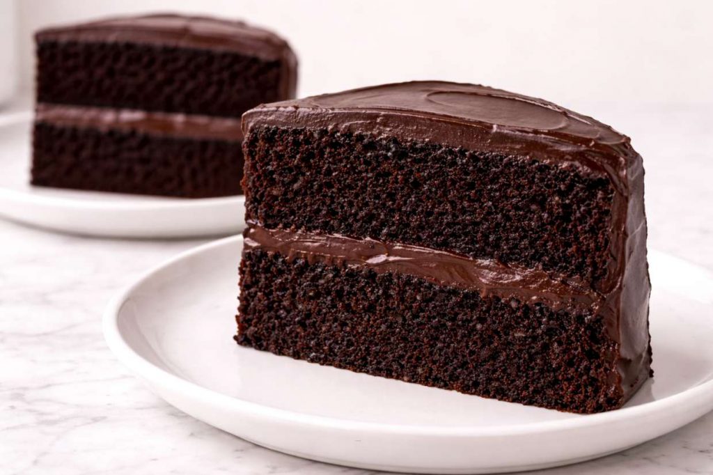 Two slices of moist dark chocolate layer cake with chocolate ganache frosting on white plates showing the tender crumb