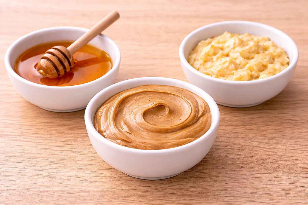 Three small white ceramic bowls containing honey, peanut butter, and mashed banana on a wooden surface showing the three main no-bake bar binding agents