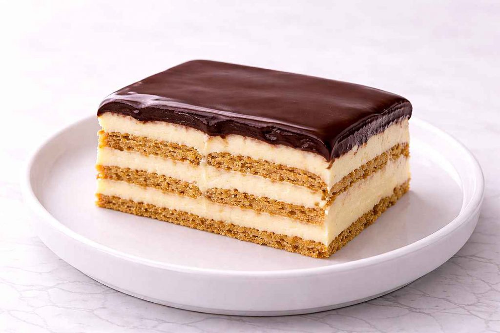 Slice of no-bake chocolate eclair cake on a white ceramic plate showing distinct layers of softened biscuit cream filling and glossy chocolate topping