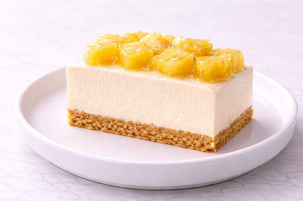 Slice of no-bake pineapple cheesecake on a white ceramic plate showing a golden biscuit base and firm creamy filling topped with pineapple pieces