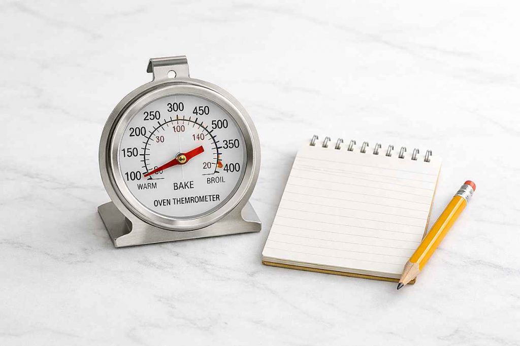 Round oven thermometer on a white marble surface beside a home oven dial showing the discrepancy between the dial setting and the actual internal temperature