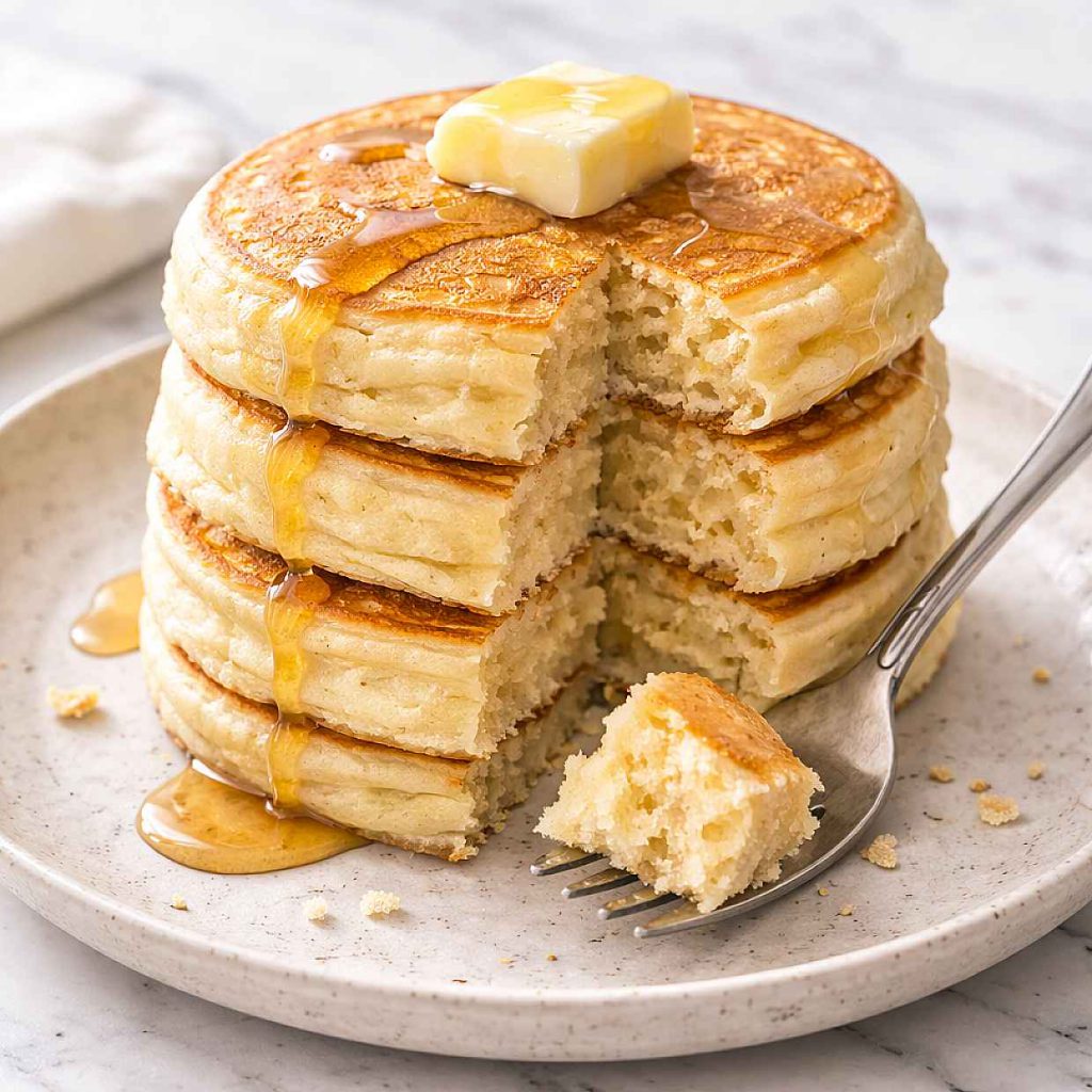 Stack of four fluffy golden pancakes on a speckled ceramic plate with a fork and butter melting on top and a small pool of syrup beginning to drip down the sides