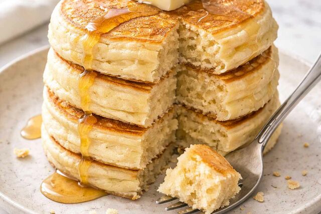Stack of four fluffy golden pancakes on a speckled ceramic plate with a fork and butter melting on top and a small pool of syrup beginning to drip down the sides