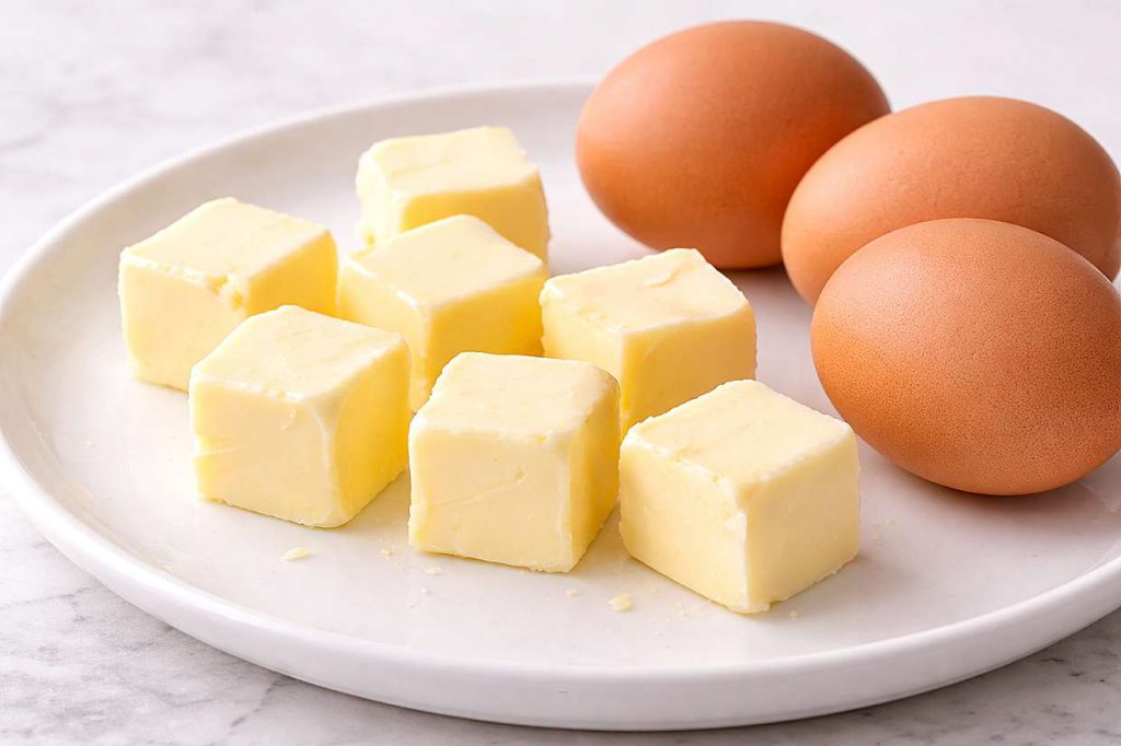 Softened butter cubes and three eggs at room temperature on a white ceramic surface ready for cake baking
