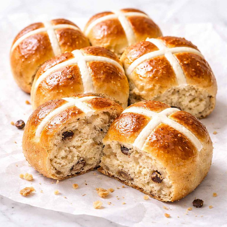Golden hot cross buns fresh from the oven on parchment paper showing white flour paste crosses and pull-apart texture with one bun split open showing the soft spiced interior