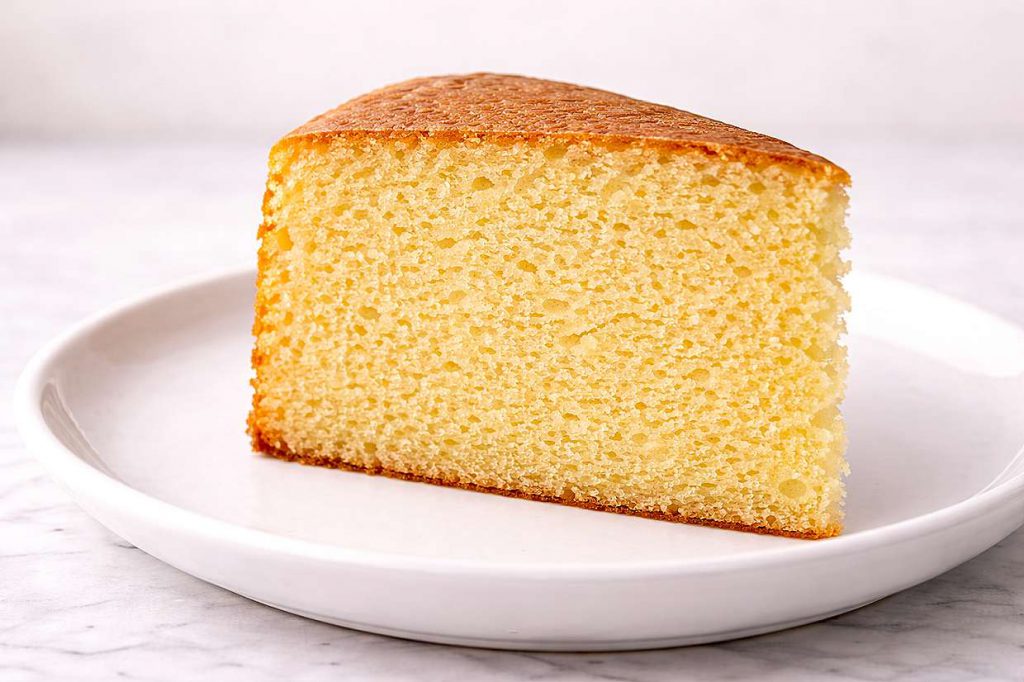 Slice of soft golden condensed milk cake on a white plate showing a moist fine crumb with golden crust