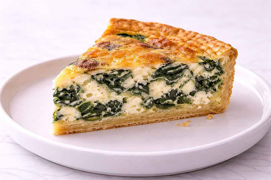 Slice of spinach and feta quiche on a white ceramic plate showing the golden pastry base and silky set egg custard filling with visible spinach and feta