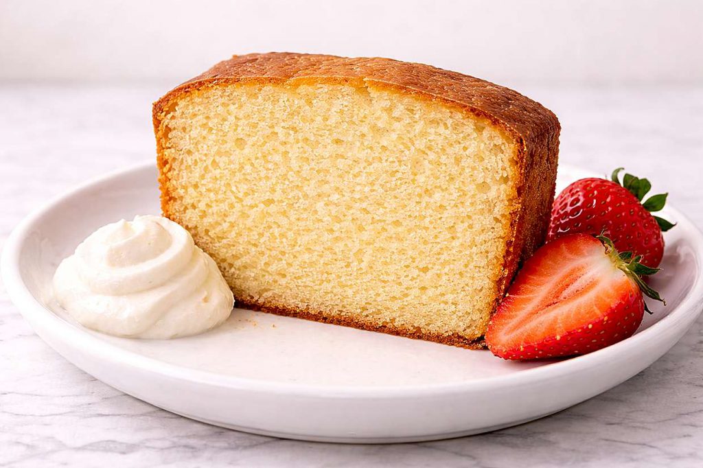 Thick slice of strawberry cream pound cake with whipped cream and fresh strawberries on a white ceramic plate showing a dense buttery crumb