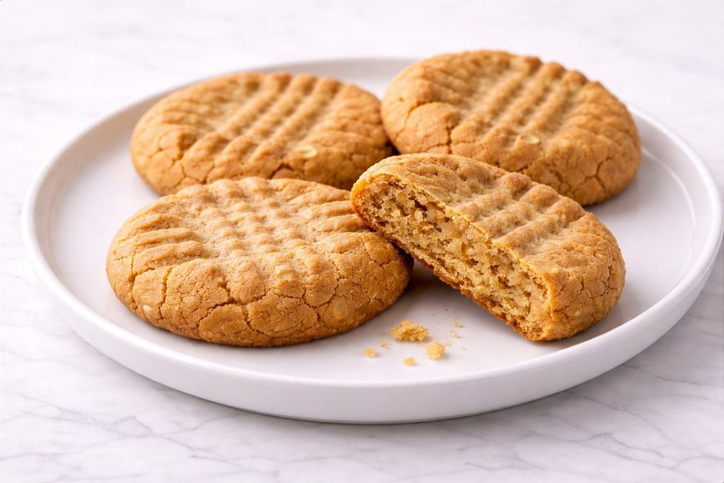 Four thick peanut butter cookies with fork cross hatch pattern on top on a white ceramic plate showing dense crumbly texture