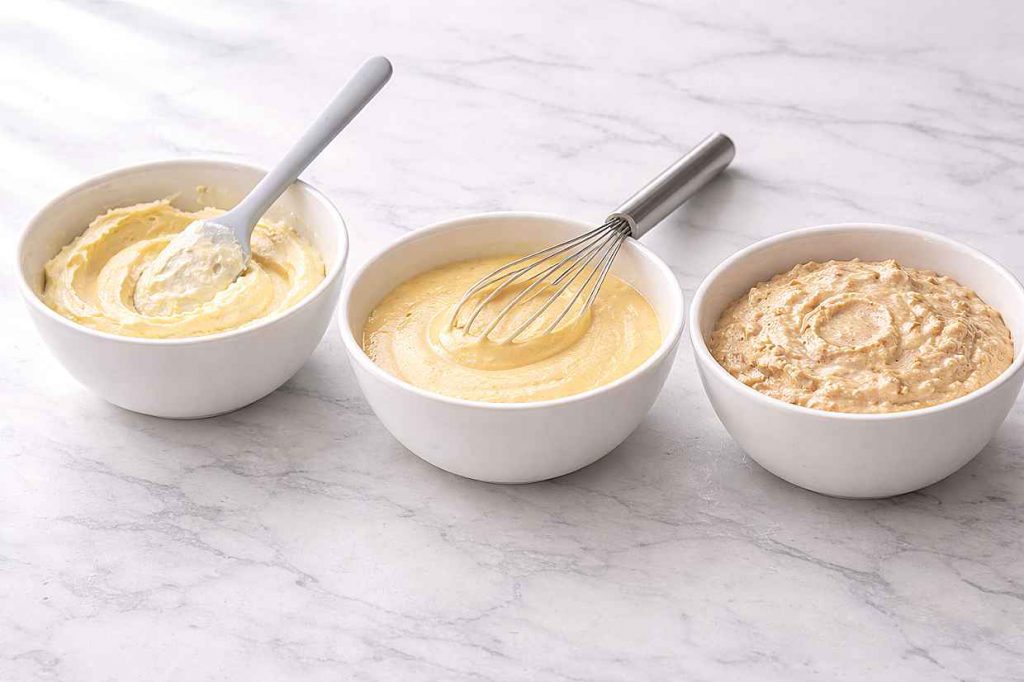 Three white ceramic bowls on a white marble surface showing pale fluffy creamed butter and sugar, foamy whisked eggs, and briefly combined muffin batter with lumps