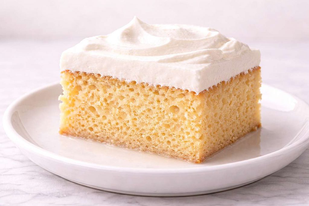 Slice of tres leches cake soaked in three milks topped with fresh whipped cream on a white plate showing the visibly moist sponge