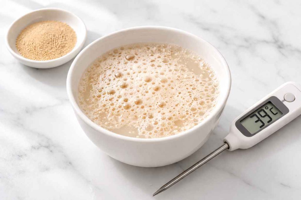 Small white ceramic bowl of warm water with active dry yeast foaming on the surface beside a digital thermometer reading 39 degrees Celsius on a white marble surface