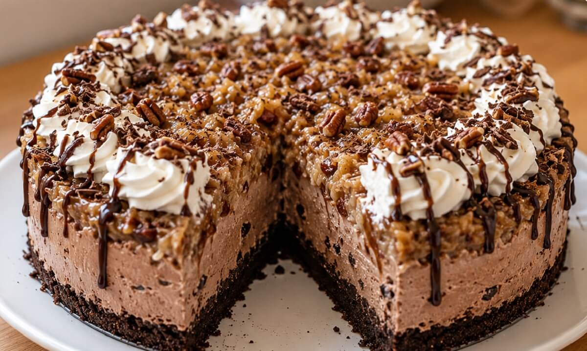 Close-up of finished German chocolate ice cream cake topped with whipped cream, chocolate shavings, coconut pecan frosting, and rich chocolate layers on a white plate.