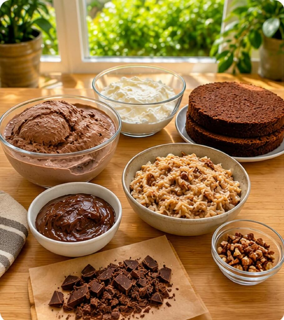 Ingredients for German chocolate ice cream cake arranged on a warm wooden kitchen table with chocolate ice cream, whipped topping, chocolate cake layers, coconut pecan filling, chopped chocolate, and pecans in natural daylight.